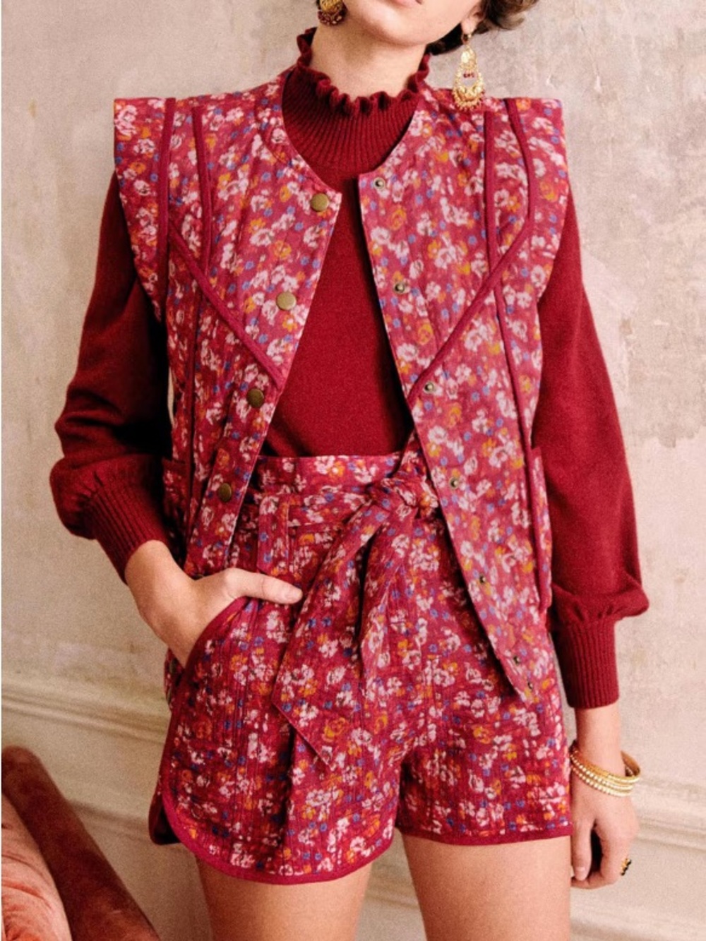 Sezane Island‎ Short in Floral Multicolor High-Waist Quilted Belted Shorts